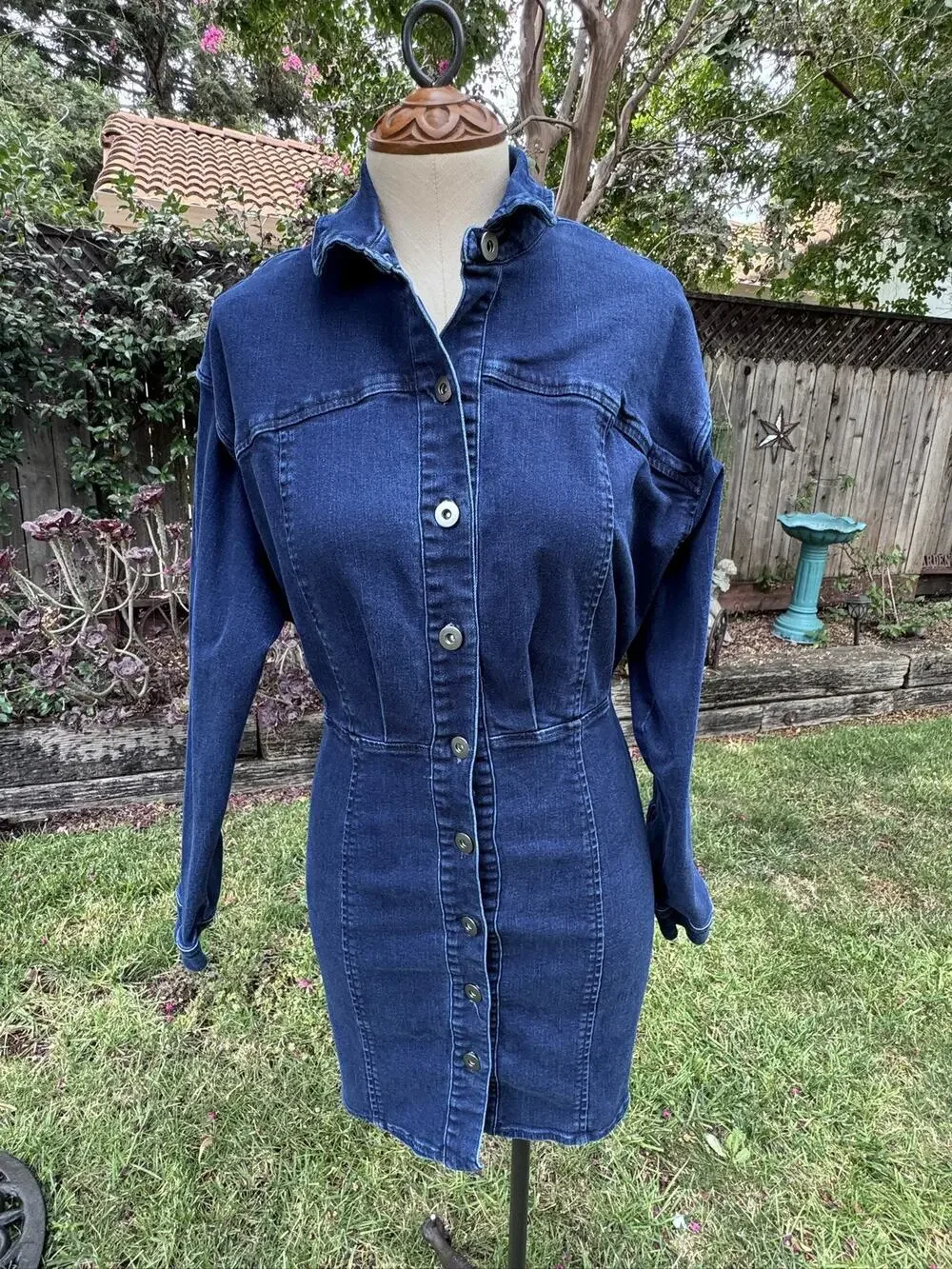 Free People Amber Denim Dress Women's Dark Blue Long Sleeve Button Front Size 2